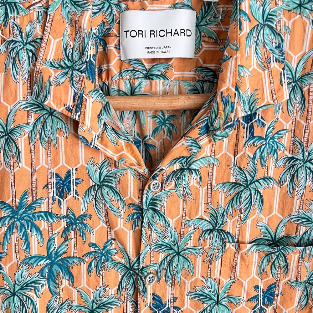Tori Richard Hawaiian Shirt XL Mens Palm Tree Honeycomb Orange Aloha Vacation